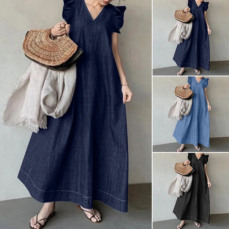 Denim V-neck Long Dress (4).jpg