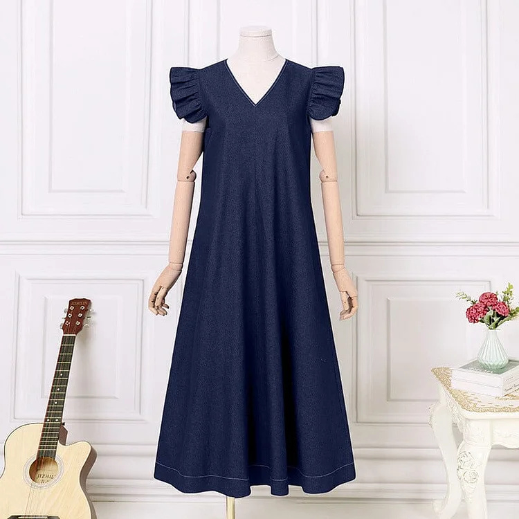 Denim V-neck Long Dress.jpg