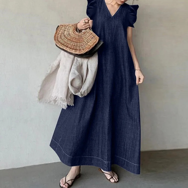 Denim V-neck Long Dress (3).jpg